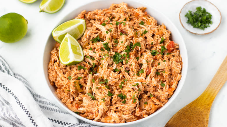 Shredded salsa chicken in a bowl