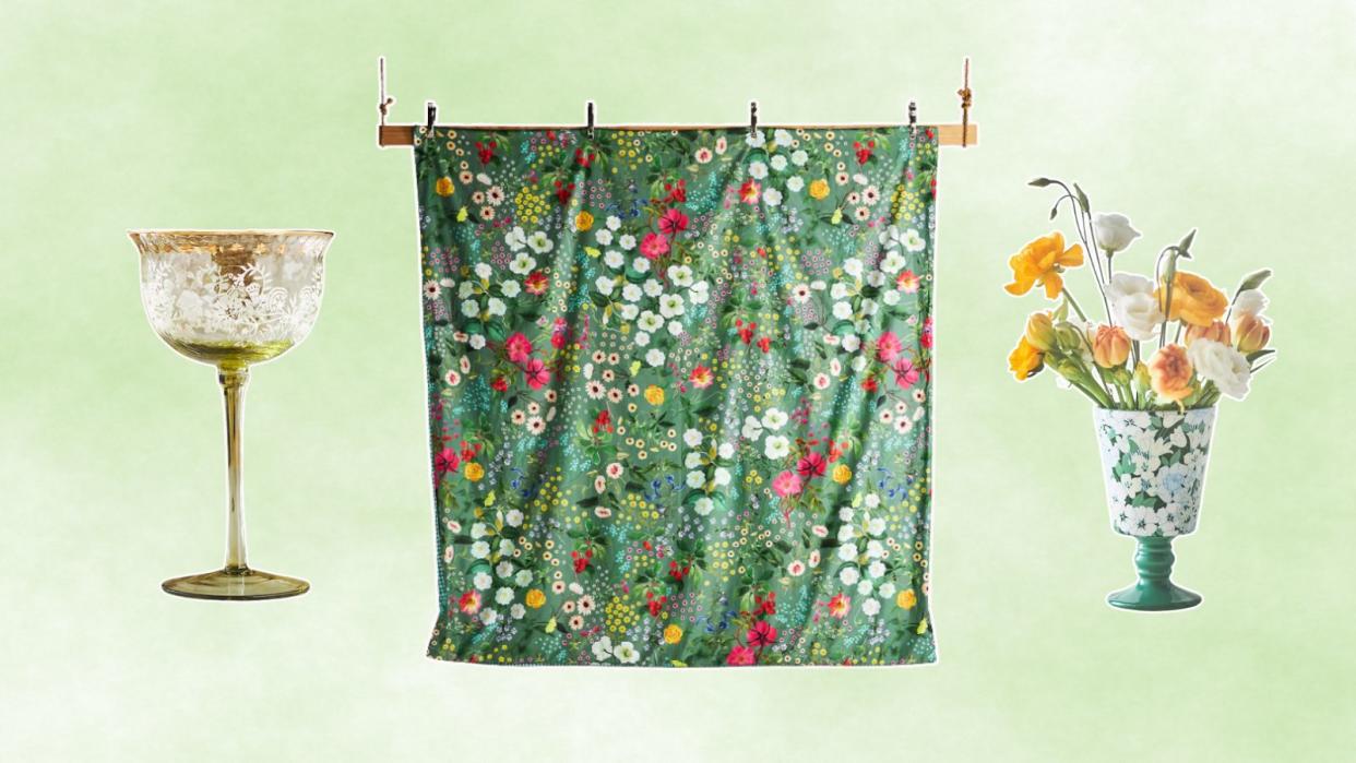  Three new Anthropologie homeware pieces including a green vase, green wine glass, and green floral bedding on a green gradient. 