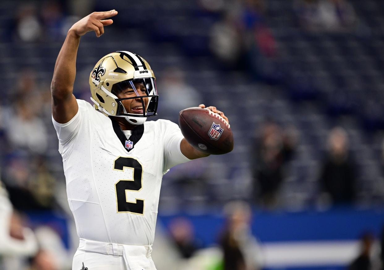 Oct 29, 2023; Indianapolis, Indiana, USA; New Orleans Saints quarterback Jameis Winston (2) dances as his teammates enter the field for warmups before the game against the Indianapolis Colts at Lucas Oil Stadium. Mandatory Credit: Marc Lebryk-USA TODAY Sports