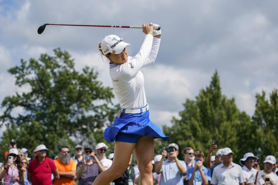 Minjee Lee watches her shot from the 10th tee during the final round of the LPGA Kroger Queen City Championship golf tournament, Sunday, Sept. 10, 2023, in Cincinnati. (AP Photo/Joshua A. Bickel)