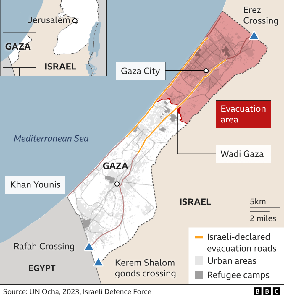 Map of Gaza, showing urban areas, refugee camps and border crossing between Gaza, Israel and Egypt. The map also shows the location of Wadi Gaza, as the Israel Defence Force has told people north of Wadi Gaza to evacuate south.