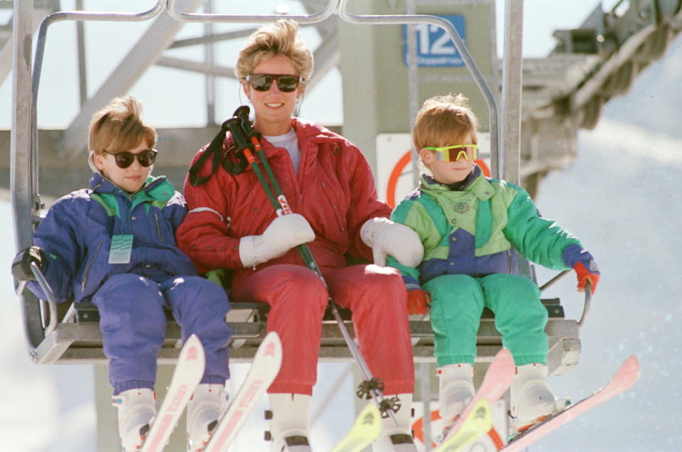 Princess Diana with her sons William (left) and Harry on a ski holiday in Switzerland on April 7, 1995. (Photo: Kent Gavin/Mirrorpix/Getty Images)