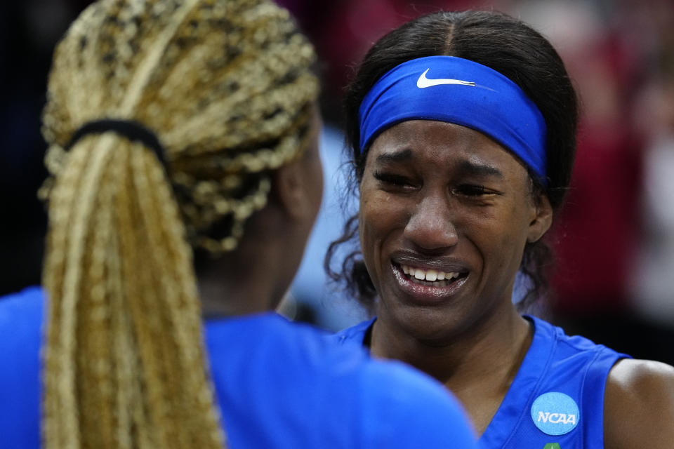 Florida Gulf Coast's Sha Carter reacts after winning a college basketball game against the Washington State in the NCAA Tournament, Saturday, March 18, 2023, in Villanova, Pa. (AP Photo/Matt Rourke)