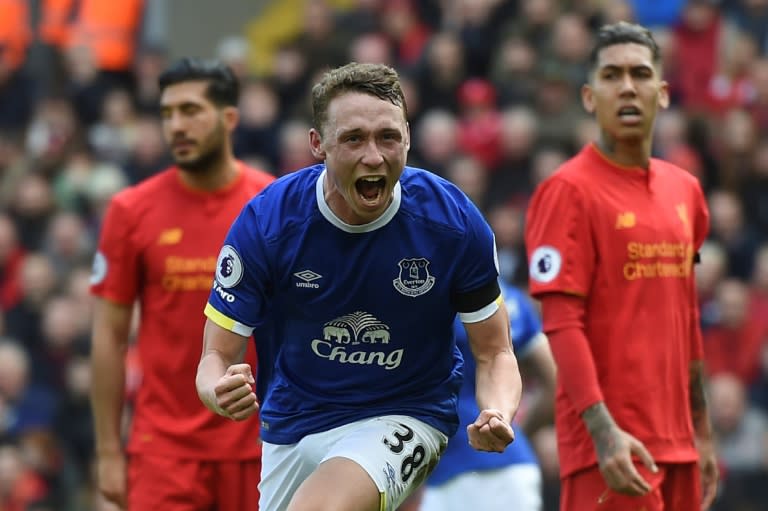 Everton's Matthew Pennington celebrates after scoring during the Premier League match against Liverpool at Anfield in north-west England, on April 1, 2017