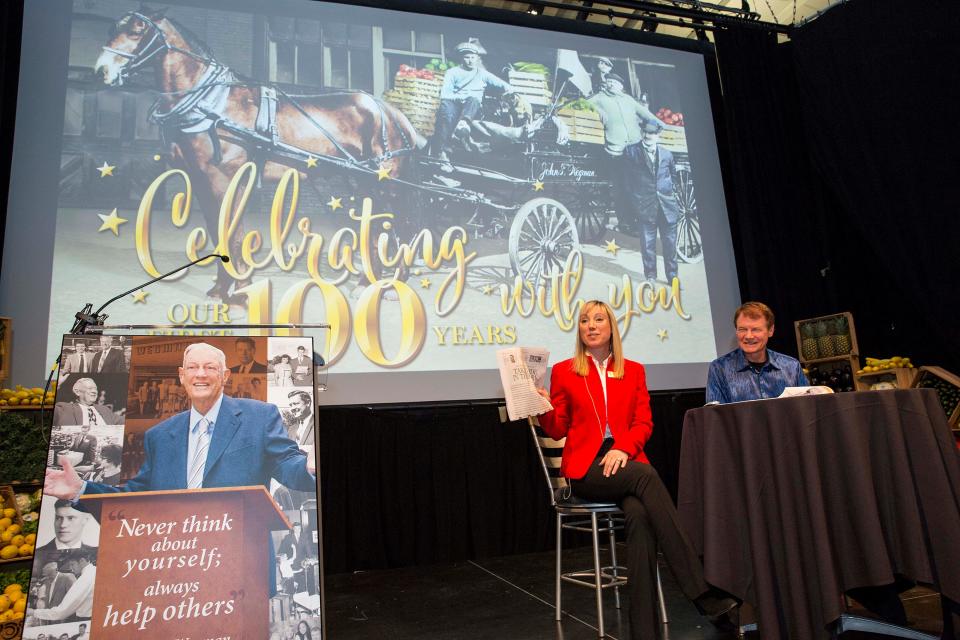 Colleen Wegman and Danny Wegman during a leadership meeting in 2016.