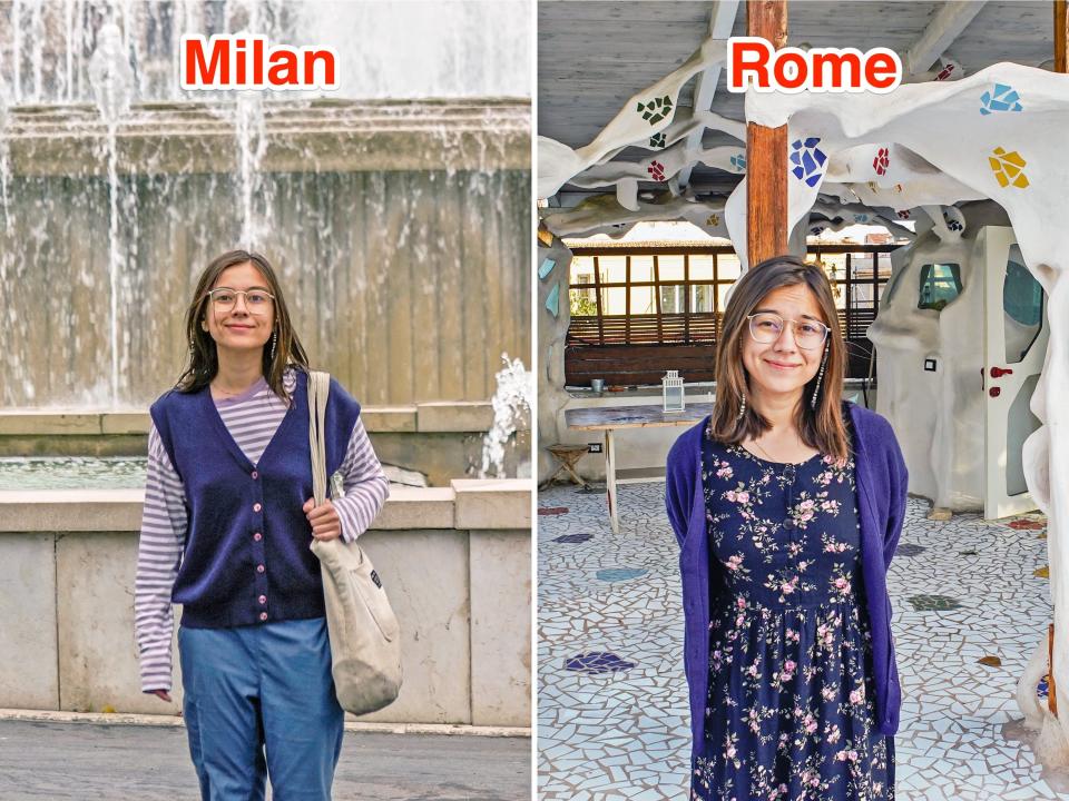 The author makes memories in Milan (L) and Rome (R).