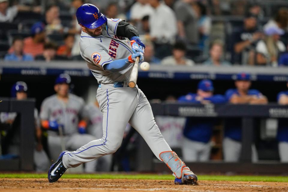 New York Mets' Pete Alonso hits a home run during the sixth inning against the New York Yankees, Tuesday, July 25, 2023, in New York. (AP Photo/Frank Franklin II)