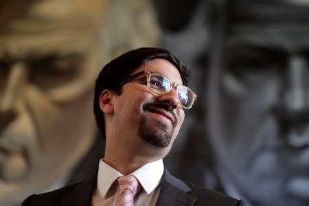 Freddy Guevara, first Vice-President of the National Assembly and lawmaker of the Venezuelan coalition of opposition parties (MUD), smiles during a news conference in Caracas, Venezuela, July 23, 2017. REUTERS/Ueslei Marcelino