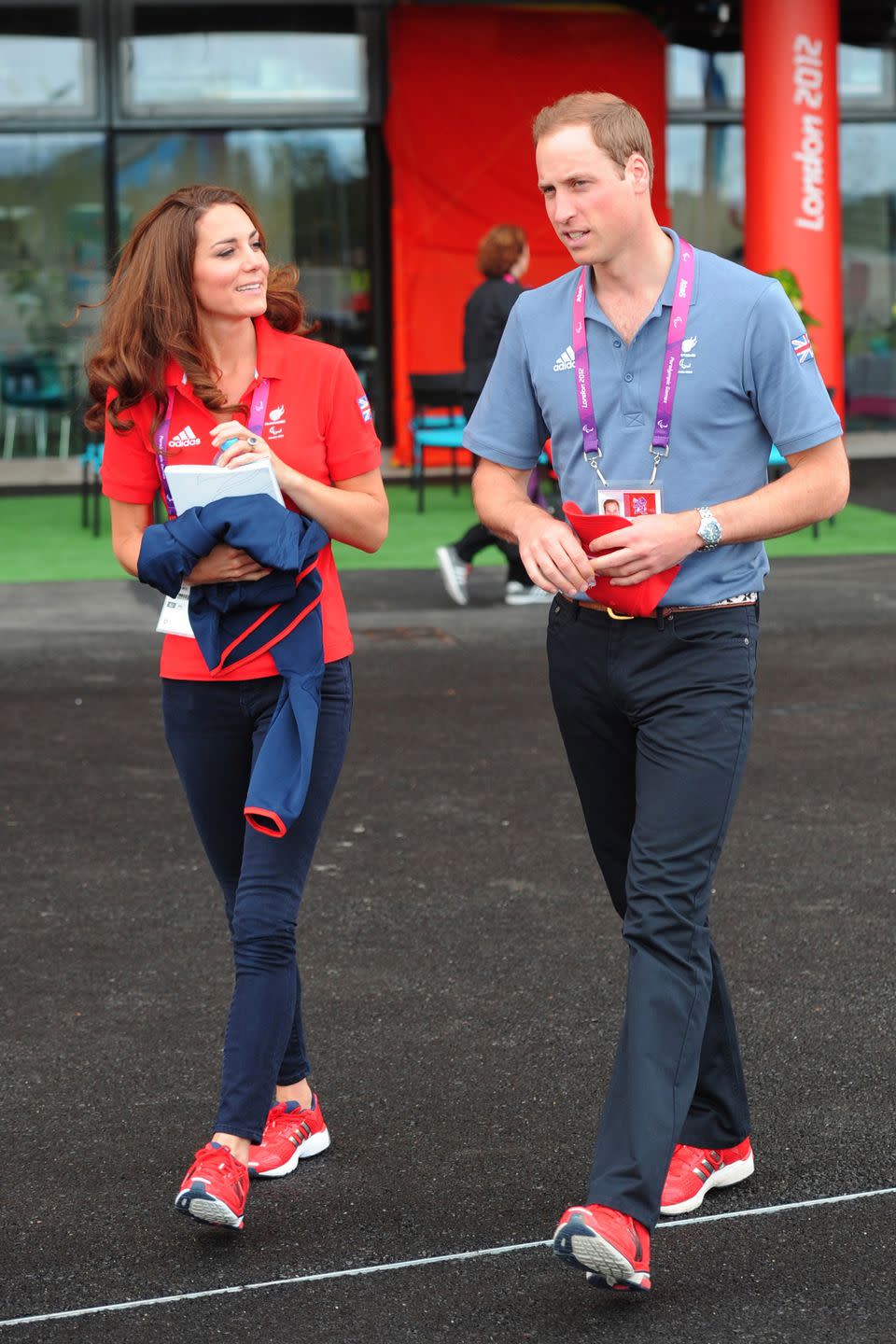 <p><em>August 30, 2012 —</em> The future king and queen wore matching Adidas sneakers with polo shirts to a cycling event at the London 2012 Paralympic Games.</p>