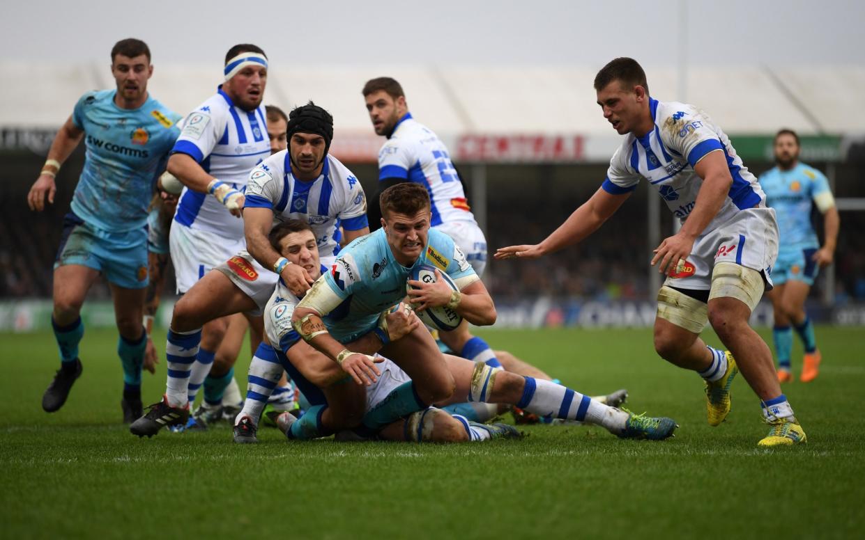 A ruck at Exeter Chiefs featuring Henry Slade - Gallagher Premiership referees to crack down on breakdown discipline after safety concerns raised by players - GETTY IMAGES