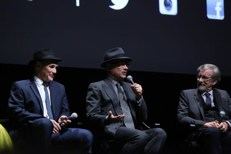 (L-R) Mark Rylance, Tom Hanks and director Steven Spielberg attend a Q&A for the film, "Bridge Of Spies" during the 53rd New York Film Festival at Alice Tully Hall, Lincoln Center on October 4, 2015 in New York City