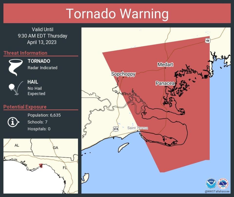 Tornado warning issued for central Wakulla County April 13, 2023.