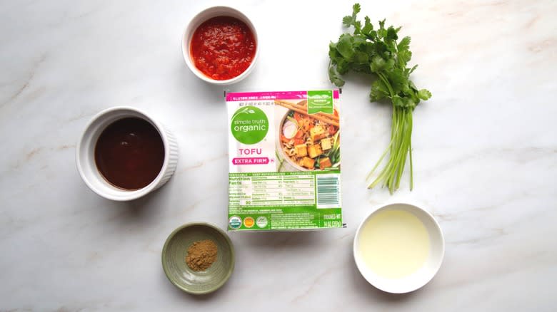 grilled bbq tofu ingredients on marble counter