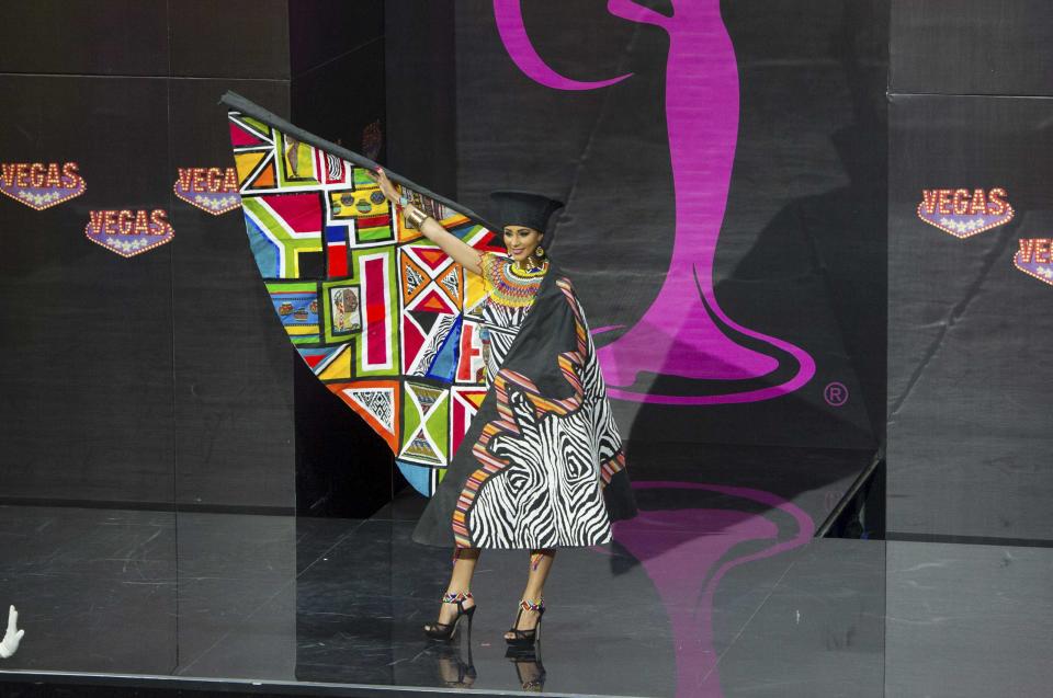 Marilyn Ramos, Miss South Africa 2013, models in the national costume contest for Miss Universe 2013 at Vegas Mall in Moscow