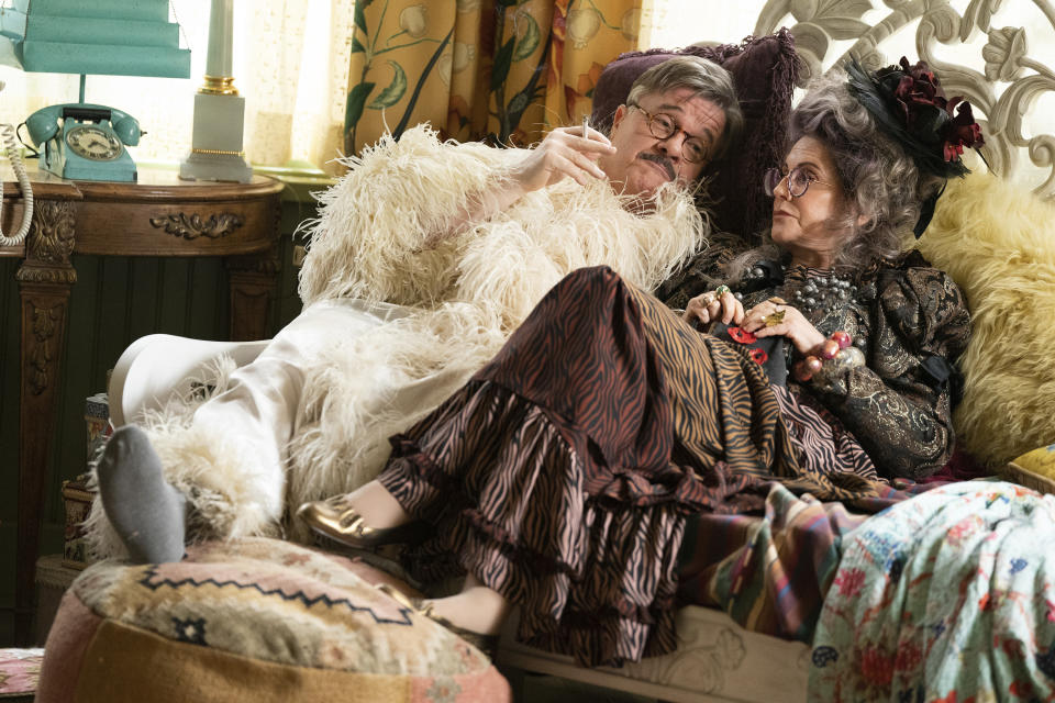 This image released by A24 shows Nathan Lane, left, and Megan Mullally in a scene from "Dicks: The Musical." (A24 via AP)