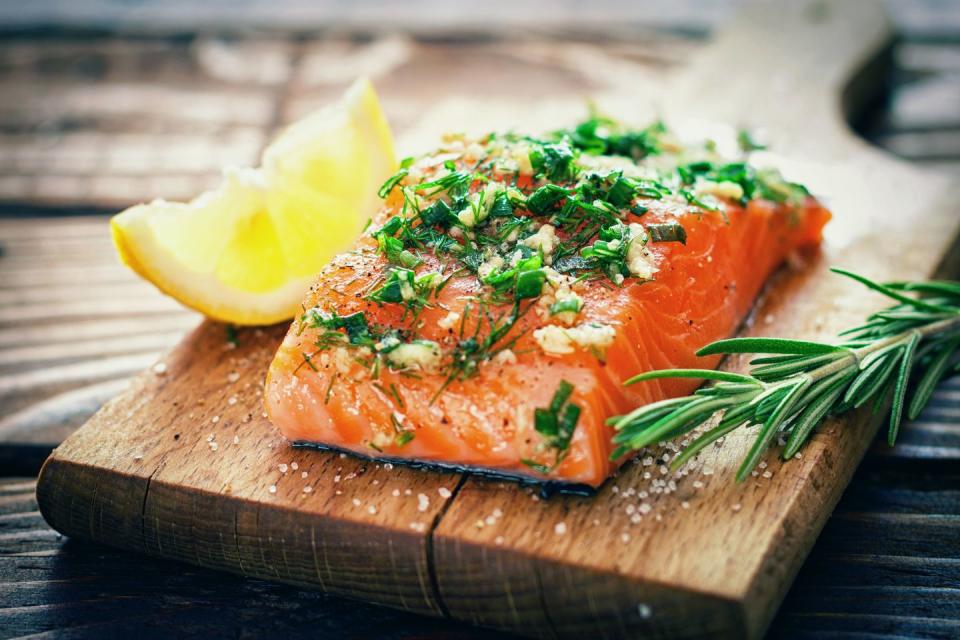 <p>“<a href="https://www.prevention.com/food-nutrition/a20500698/salmon-recipes-anti-inflammatory-diet/" rel="nofollow noopener" target="_blank" data-ylk="slk:Salmon;elm:context_link;itc:0;sec:content-canvas" class="link ">Salmon</a> is one of the best sources of omega-3 fatty acids, which are a heart-healthy form of fat that can boost your metabolism to increase the number of calories that your body burns throughout the day,” says Dr. Axe. “Besides supplying a hearty dose of omega-3 fatty acids, salmon is also loaded with other important nutrients that play a central role in weight loss, such as protein.” For ideas on how to make delicious salmon at home, check out <a href="https://www.prevention.com/food-nutrition/g20465439/salmon-recipes/" rel="nofollow noopener" target="_blank" data-ylk="slk:these recipes;elm:context_link;itc:0;sec:content-canvas" class="link ">these recipes</a>.</p>