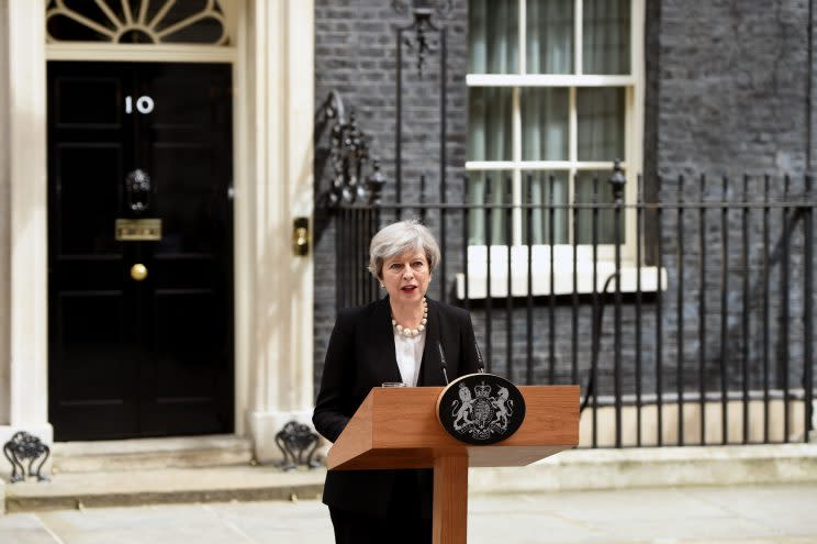 British Prime Minister Theresa May delivers a statement outside Number 10 Downing Street