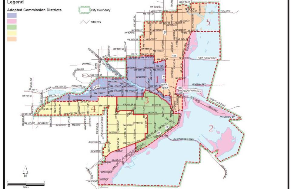 Miami city commissioners approved this voting map on June 14, 2023, in response to a court order to change district boundaries as part of a lawsuit challenging the city’s redistricting process in 2022. An appeals court upheld the commission’s map and overruled a U.S. district court judge who rejected this map and chose a map drawn by American Civil Liberties Union attorneys representing community groups suing the city.