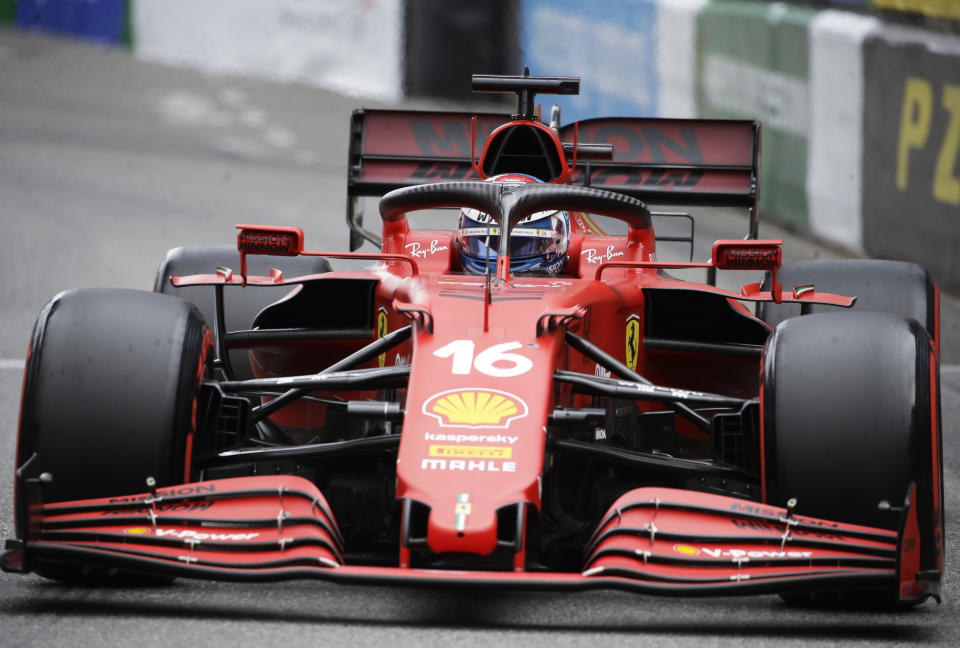 Ferrari driver Charles Leclerc of Monaco steers his car during the qualifying session at the Monaco racetrack, in Monaco, Saturday, May 22, 2021. The Formula One race will take place on Sunday. (AP Photo/Luca Bruno)