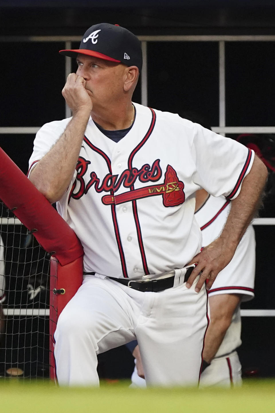 Atlanta Braves manager Brian Snitker (43) watches his team battle the Boston Red Sox during a baseball game Wednesday, May 11, 2022, in Atlanta. (AP Photo/John Bazemore)