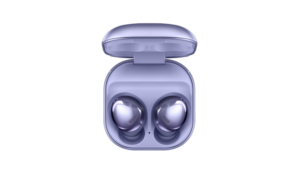 Purple Samsung Galaxy Buds Pro in their charging case