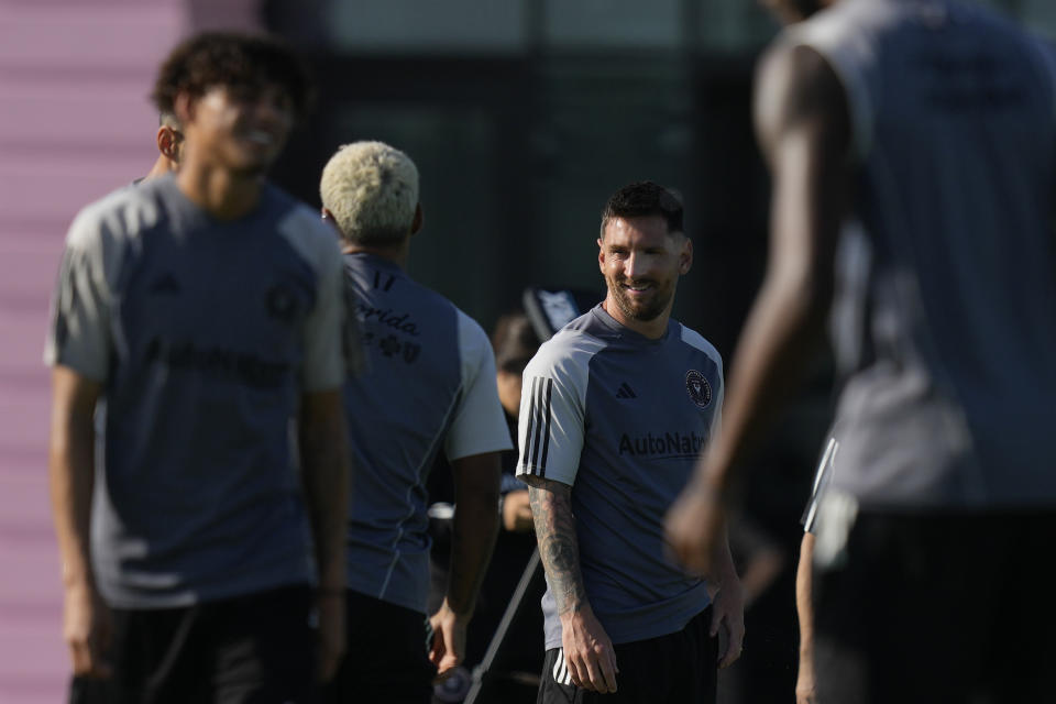 Lionel Messi, center, participates in a training session for the Inter Miami MLS soccer team Tuesday, July 18, 2023, in Fort Lauderdale, Fla.(AP Photo/Rebecca Blackwell)