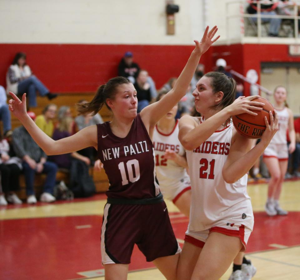 New Paltz's Lily Sturgis covers Red Hook's Emilie Kent during Friday's game on February 10, 2023. 