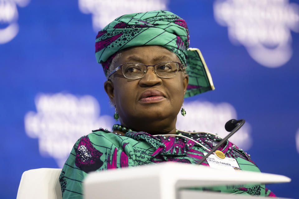 Ngozi Okonjo-Iweala, Director-General, World Trade Organization (WTO) and Member of Board of Trustees of the World Economic Forum attends attends a session at the 51st annual meeting of the World Economic Forum, WEF, in Davos, Switzerland, Wednesday, May 25, 2022. (Gian Ehrenzeller/Keystone via AP)