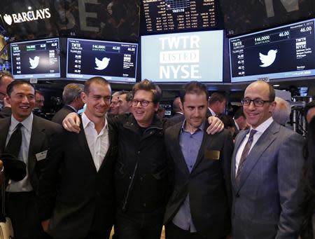 Twitter executives Dick Costolo (R), Evan Williams (2nd R), Biz Stone (C) and Jack Dorsey (2nd L) celebrate as Twitter IPO begins on the floor of the New York Stock Exchange in New York, November 7, 2013. REUTERS/Lucas Jackson