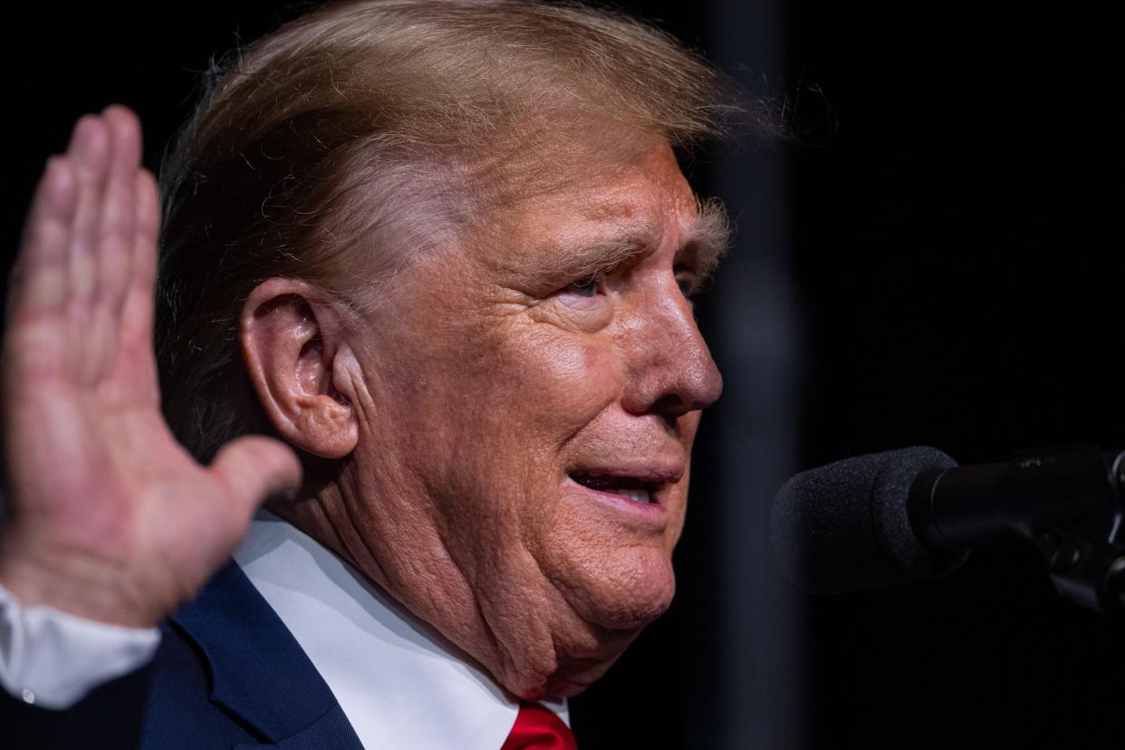 Republican presidential candidate, former U.S. President Donald Trump, gestures while speaking during the 2024 NRB International Christian Media Convention Presidential Forum on February 22, 2024 in Nashville, Tennessee.