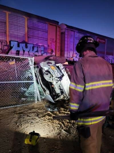 A car was struck by a train Saturday evening in Surprise, according to the Maricopa County Sheriff's Department.