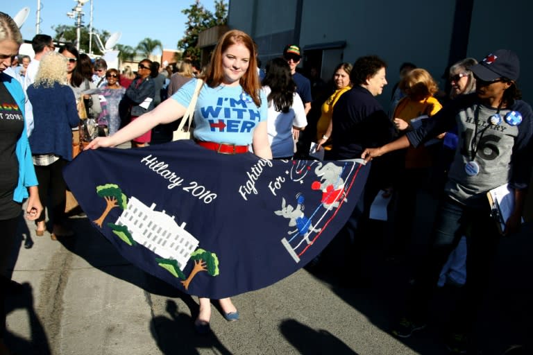 Supporters of Democratic presidential candidate Hillary Clinton gather on May 25, 2016 in Buena Park, California