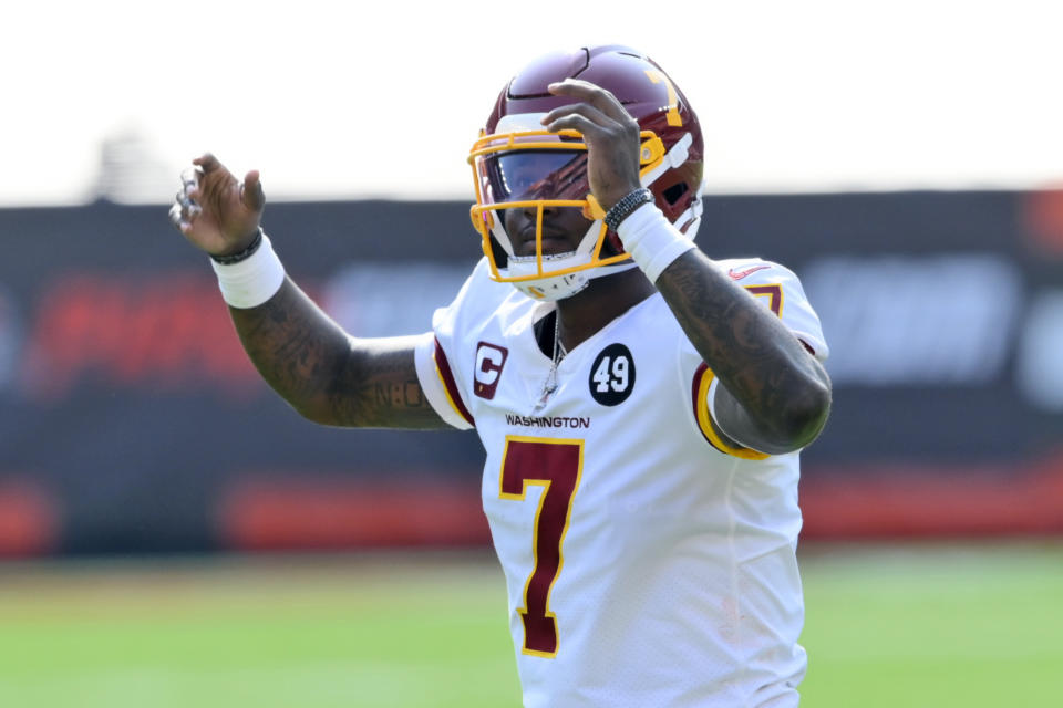 Washington Football Team quarterback Dwayne Haskins celebrates after a 2-yard rushing touchdown by running back Antonio Gibson during the second half of an NFL football game against the Cleveland Browns, Sunday, Sept. 27, 2020, in Cleveland. (AP Photo/David Richard)