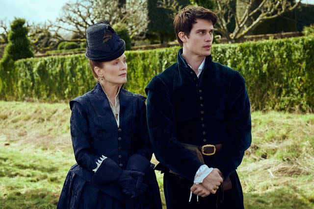 <p>Starz/Sky UK / Courtesy Everett Collection</p> Julianne Moore and Nicholas Galitzine in 'Mary & George'