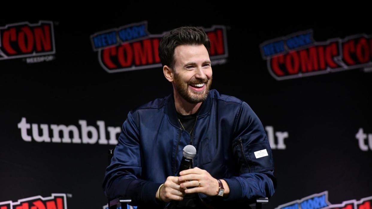 new york, new york october 14 chris evans speaks at a panel during new york comic con 2023 day 3 at javits center on october 14, 2023 in new york city photo by craig barrittgetty images for reedpop