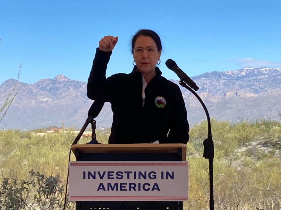 Assistant Interior Secretary Shannon Estenoz visited Saguaro National Park Wednesday, Feb. 21, 2024, to announce a $10.3 million federal investment in landscape restoration in Arizona. Among the projects are invasive species controls in the park, including buffelgrass removal.