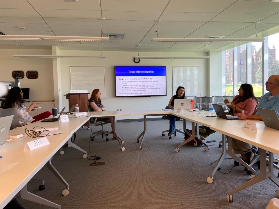 The Driving Force team met for a day of reporting workshops and brainstorming at the Newhouse School at Syracuse University in July 2023.