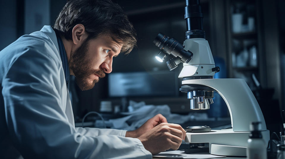 A doctor examining a patient’s eyes via microscope, while noting down their diagnosis.