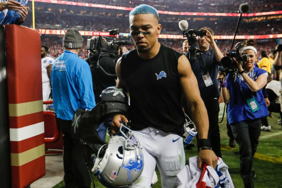 Lions wide receiver Amon-Ra St. Brown walks off the field after the 34-31 loss to the 49ers in the NFC championship game in Santa Clara, California, on Sunday, Jan. 28, 2024.