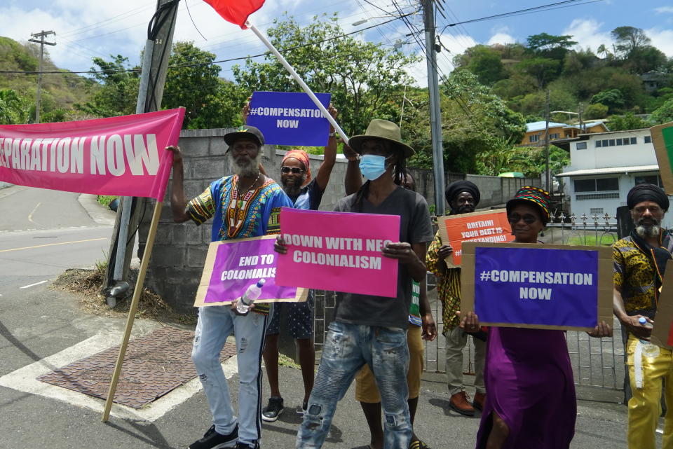 File photo dated 23/04/22 of protesters against British colonialism as the Earl and Countess of Wessex, arrive at Government House in St Vincent and the Grenadines, during their visit to the Caribbean, to mark the Queen&#39;s Platinum Jubilee. Royal tours to the Caribbean should be scrapped unless the royal family uses them to address truth, reconciliation and justice, a political activist has warned. Issue date: Friday April 29, 2022.