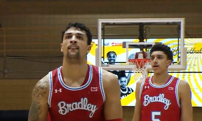 Bradley fifth-year senior Ja'Shon Henry sticks his tongue out as gets ready to join the 1,000 point club during a 76-66 win at Valparaiso on Wednesday, Feb. 22, 2023.