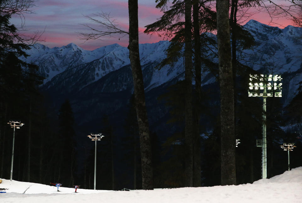 Skiers compete during the Men's 20km Indvidual Biathlon during day six of the Sochi 2014 Winter Olympics at Laura Cross-country Ski & Biathlon Center on February 13, 2014 in Sochi, Russia.