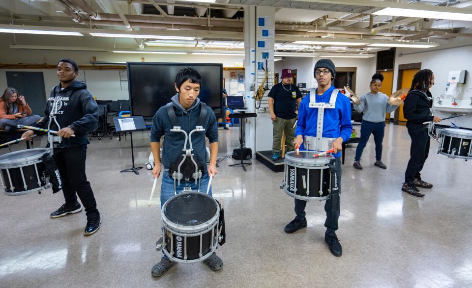 Riverside University High School students rehearse in preparation for the MPS Battle of the Drumlines competition coming up on Dec. 9.