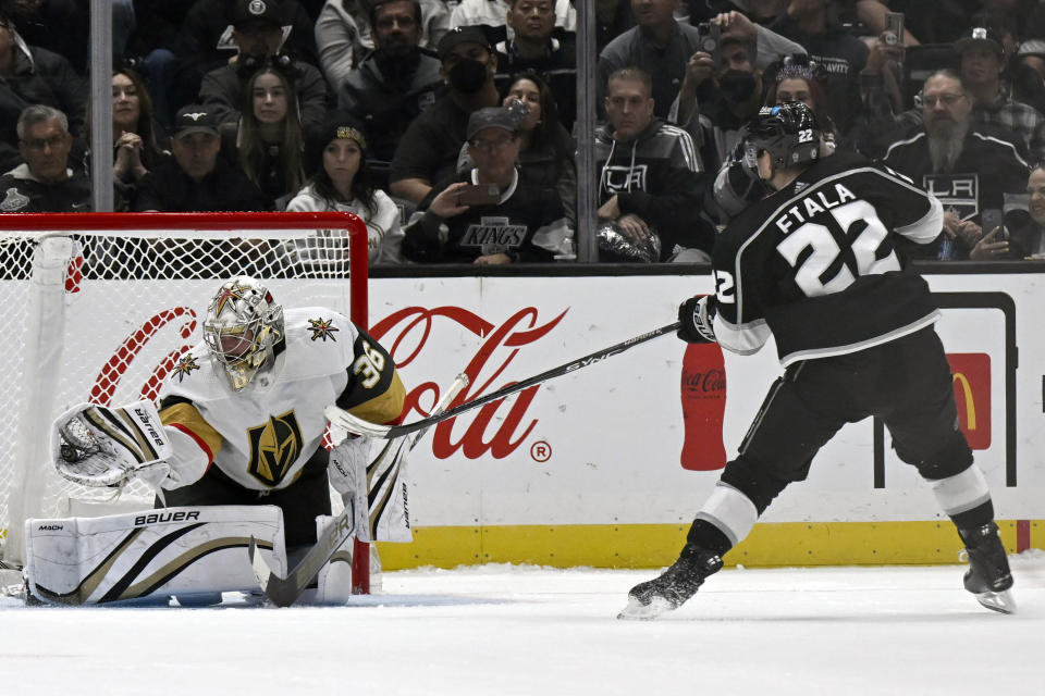 Vegas Golden Knights goaltender Logan Thompson (36) stops Los Angeles Kings left wing Kevin Fiala (22) during the shootout in an NHL hockey game in Los Angeles, Saturday, Oct. 28, 2023. The Golden Knights won 4-3. (AP Photo/Alex Gallardo)