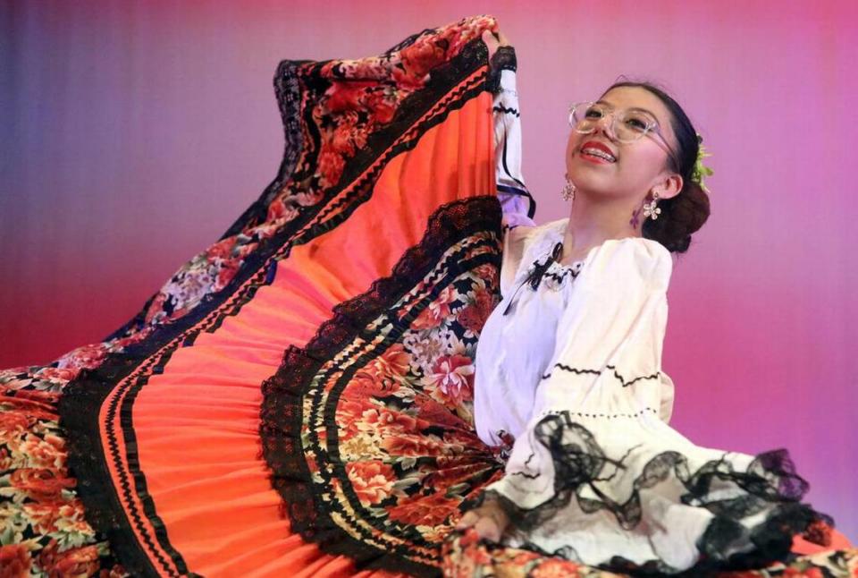 Adelina Aguilar performs ‘Popurrí’ from Nayarit at the Central East Danzantes de Tláloc 25th anniversary show at the Performing Arts Center on May 26, 2023.