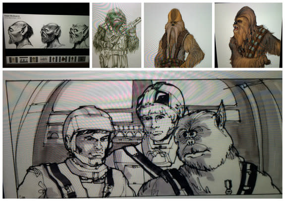 In addition to the actual costumes, the exhibit features early drawings of the characters and their clothing, to show how ideas turn into realities. Here, some early sketches of what a Wookie like Chewbacca would look like.