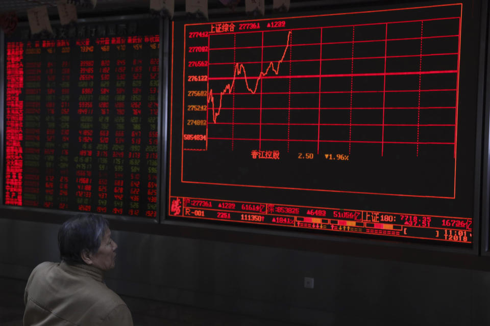 A Chinese man monitors stock prices at a brokerage in Beijing, China, Thursday, Feb. 21, 2019. Asian stock markets were little-changed Thursday following a listless day on Wall Street ahead of U.S.-Chinese negotiations aimed at ending a tariff battle. (AP Photo/Ng Han Guan)
