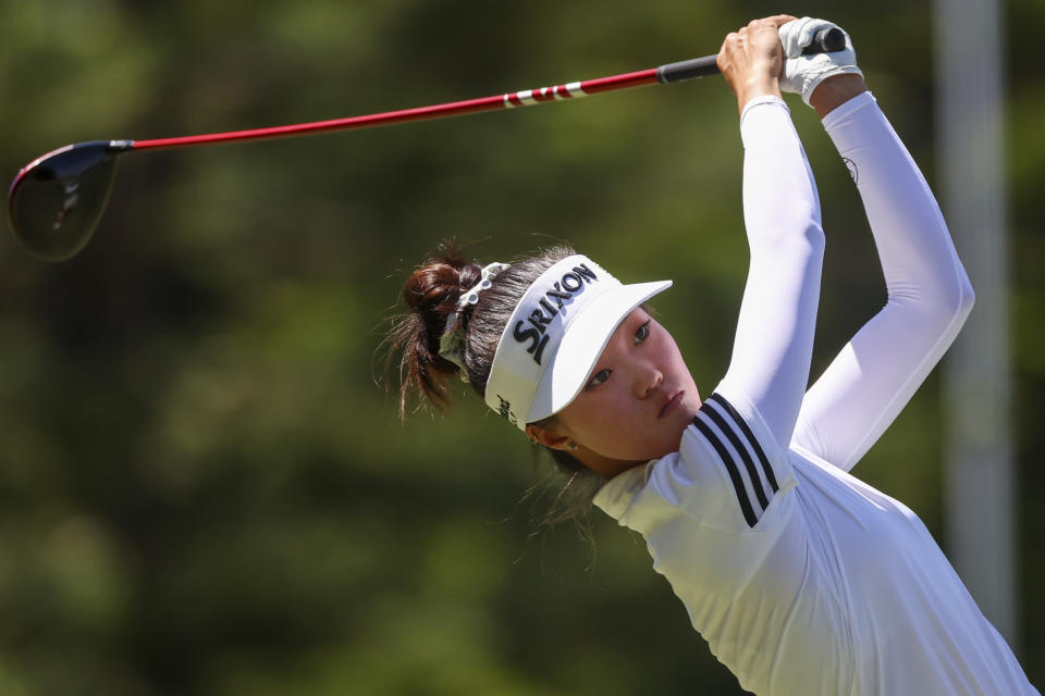 Australia's Grace Kim tees off on the second hole during the Australian Open golf championship at Victoria golf course in Melbourne, Australia, Sunday, Dec. 4, 2022. (AP Photo/Asanka Brendon Ratnayake)