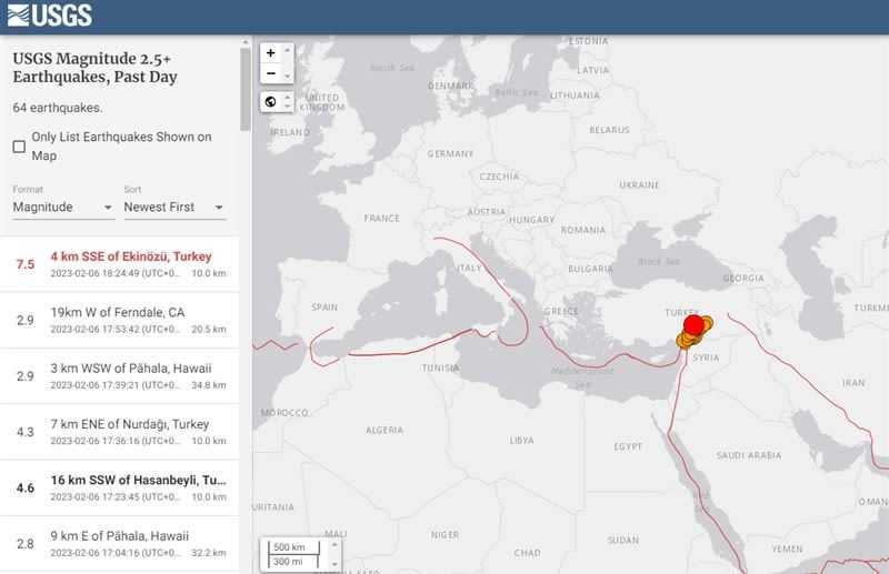 土耳其附近又爆出7.5強震，地震深度僅10公里。（圖／翻攝自USGS）