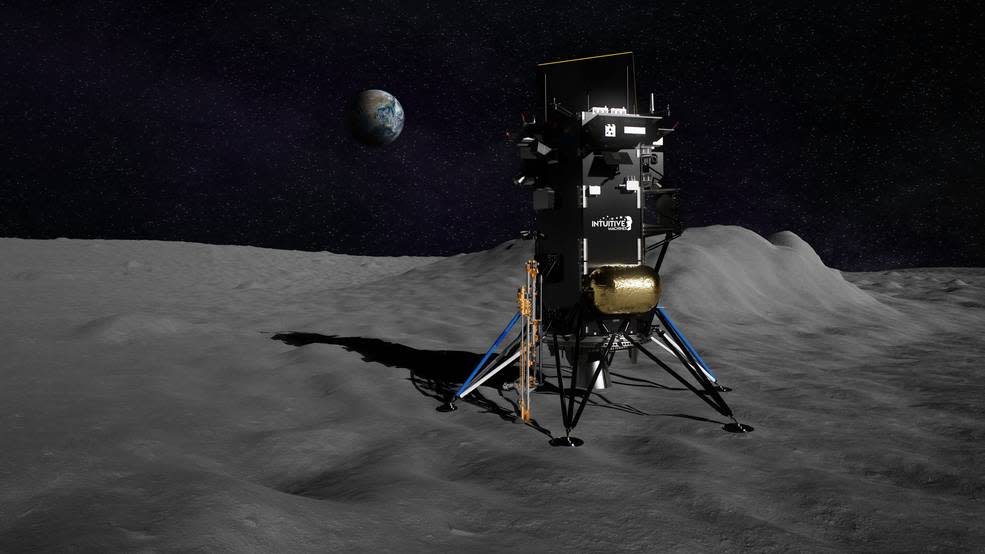 An illustration of the private Nova-C moon lander built by Intuitive Machines with NASA's Polar Resources Ice-Mining Experiment-1 (PRIME-1) attached to the spacecraft. . 
